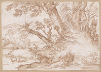 K V 115
<br/>
Rivieroever met boomwortels en roeiers
<br/>
<em>Grimaldi, Giovanni Francesco (1606-1680) - toegeschreven aan</em>